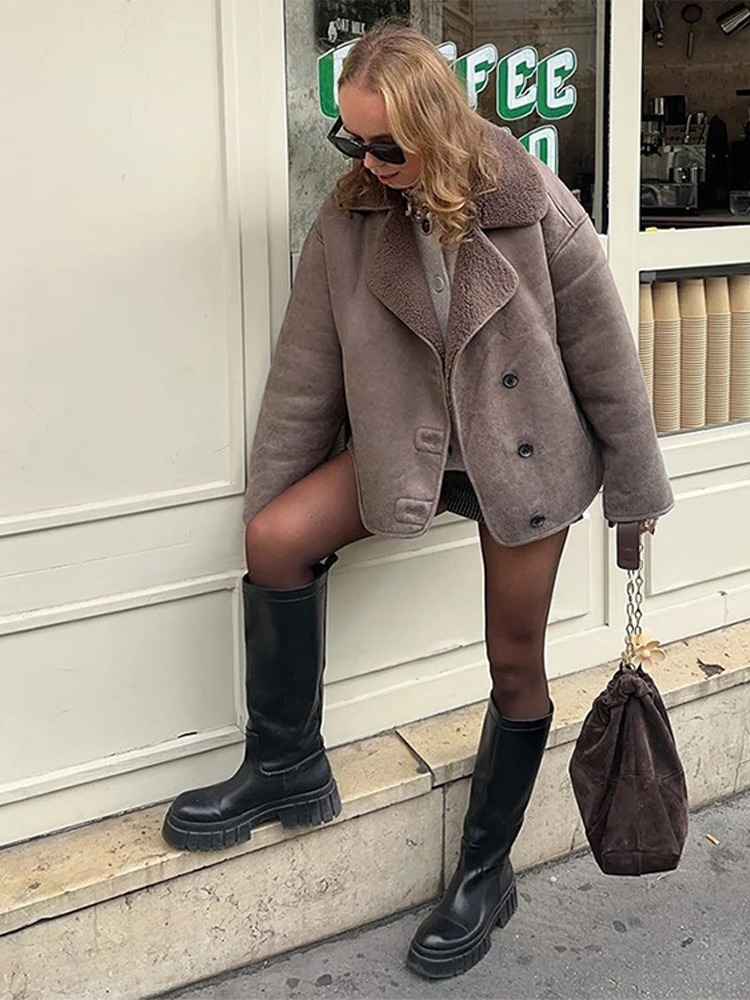 Retro Plush PU Leather Coat Womens Casual Warm Collar Single Chest Cotton Jacket Womens Winter Chic Street Brown Coat 241107