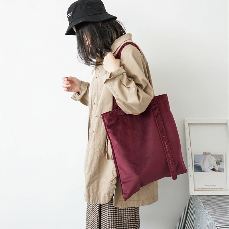 Women Velour Shoulder Bag Embroidery Letters Canvas Totes Handbags Soft Cotton Cloth Bag Ribbon Strap Square Shopping Bags