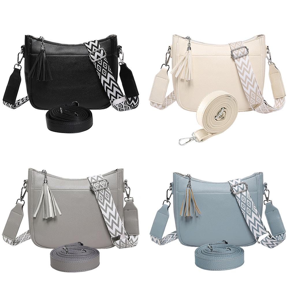 Simple Shoulder Bag PU Leather Casual Shoulder Purse with Wide Strap Cell Phone Purse with Tassel Satchel Purse for Women
