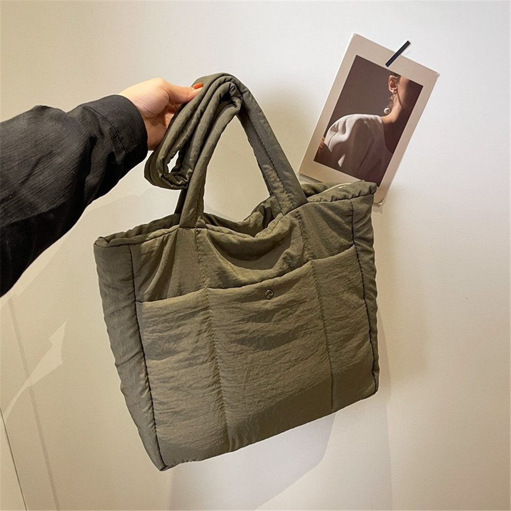 Women Soft Down Cotton Handbag Solid Color Nylon Shoulder Bag Large Capacity Fashion Laptop Handbags Simple Travel Light Totes
