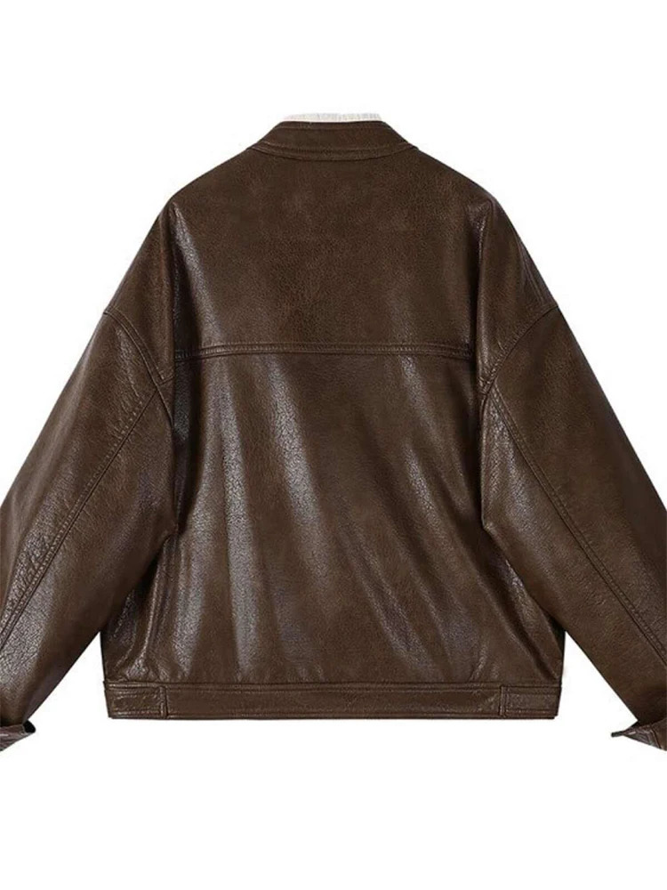 Womens Brown Leather Jacket Emo Mustang Coat Harajuku Retro Long Sleeve Motorcycle Jacket Coat 2000 Winter Clothing 241107