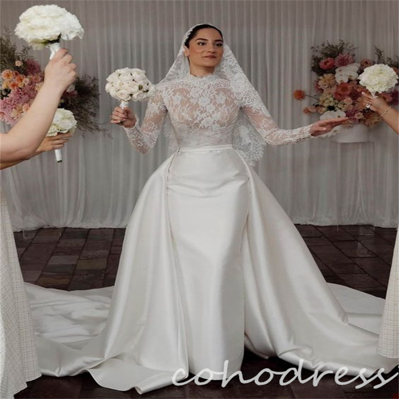 Princess Mermaid Wedding Dresses With Detachable Train High Neck Lace Long Sleeve Dubai Arabic Bridal Gowns Satin Romantic Bride Vestio De Novias 2025