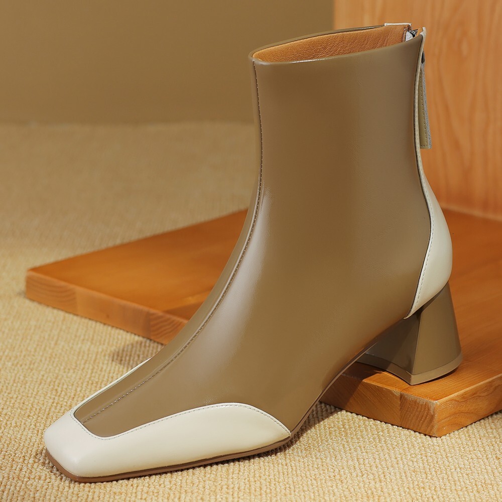 Plus Size 34-42 Women's Genuine Leather Autumn Ankle Boots Mix Color Patchwork Elegant Ladies Daily Dress Heeled Short Booties