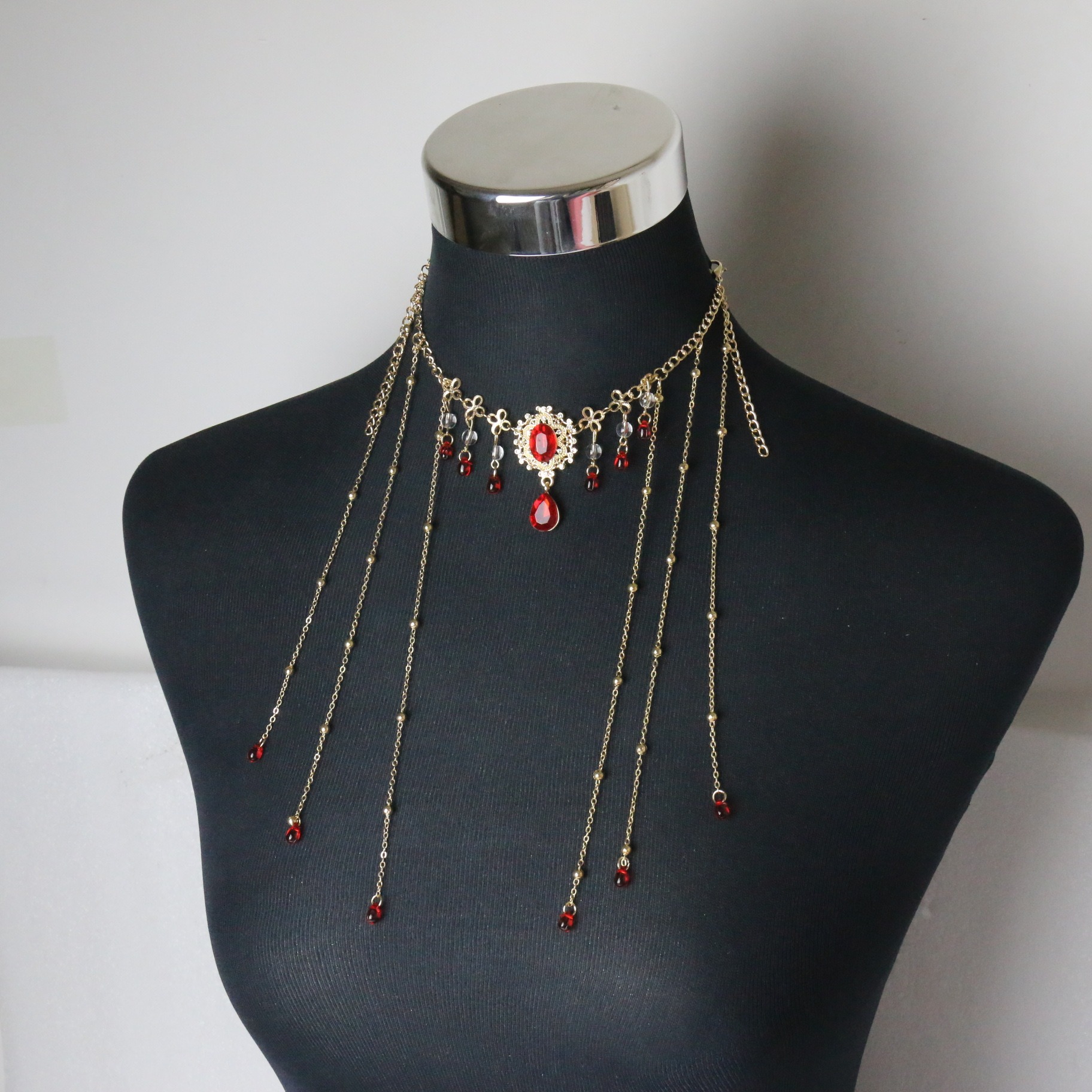 Exotic Style Ancient Style Hanfu Ruby Necklace Dance Retro Flower Red Water Droplet Pendant Sexy Tassel Necklace