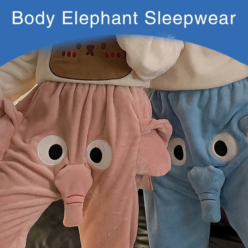 Cartoon 3D Elephant Luggage Pattern Womens Sleepwear Winter Warm Flannel Sleepwear Loose Pants 241106