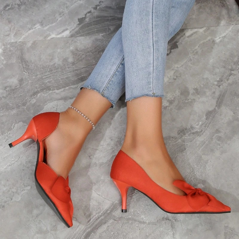 Bow Thin High Heel Shoes Female Point Toe Size Medium Low Heel Pumps Women Black Heels high heels women high heels 241106