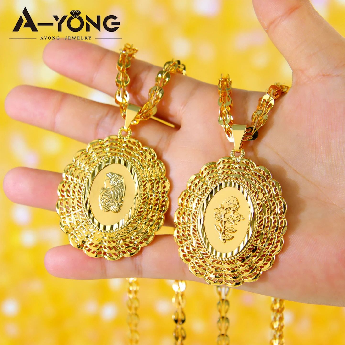 Saudi Islamic Gold Color Necklace 21k Gold Plated Fashion Oval Square Flower Pendant Nigeria Women Wedding Party Jewelry 241106
