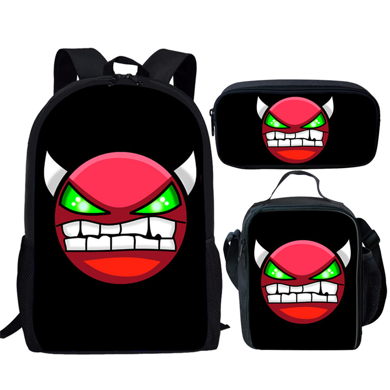 Cartoon Geometry Dash Print 3Pcs School Bag Set for Teenager Girls Boys Kids Backpack Student Book bag with Lunch Bag Pencil Bag