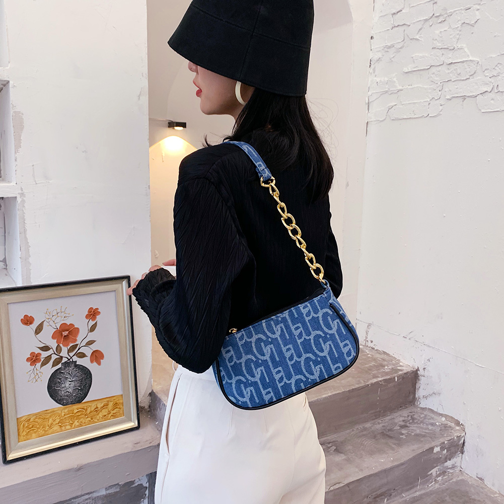 Women Letters Printing Design Denim Shoulder Bag Zipper Chain Small Purse Handbags Ladies Elegant Casual All-match Underarm Bags