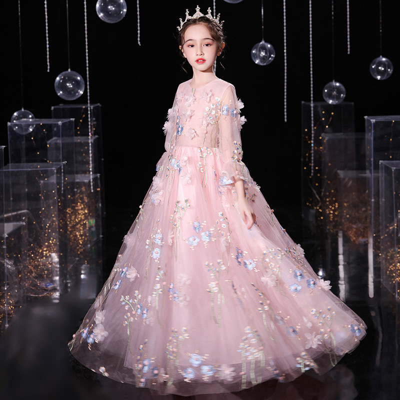 2024 new Luxurious Flower Girl Dress long sleeves 3D flowers lace appliques pink Ball Gown Princess First Holy Communion wears cheap communion pageant