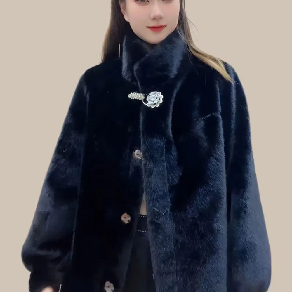 Womens mink coat single chest jacket thick and warm womens clothing high quality O-neck winter 241107