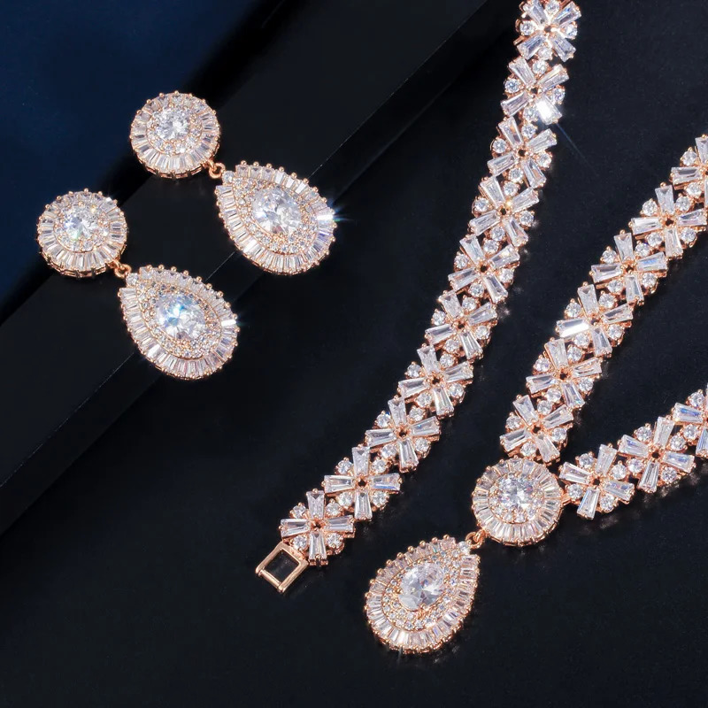 CWWZircon Exclusive Dubai Gold Plate Jewelry Cubic Zirconia Necklace Earrings Party Jewelry Set Women T053 241106