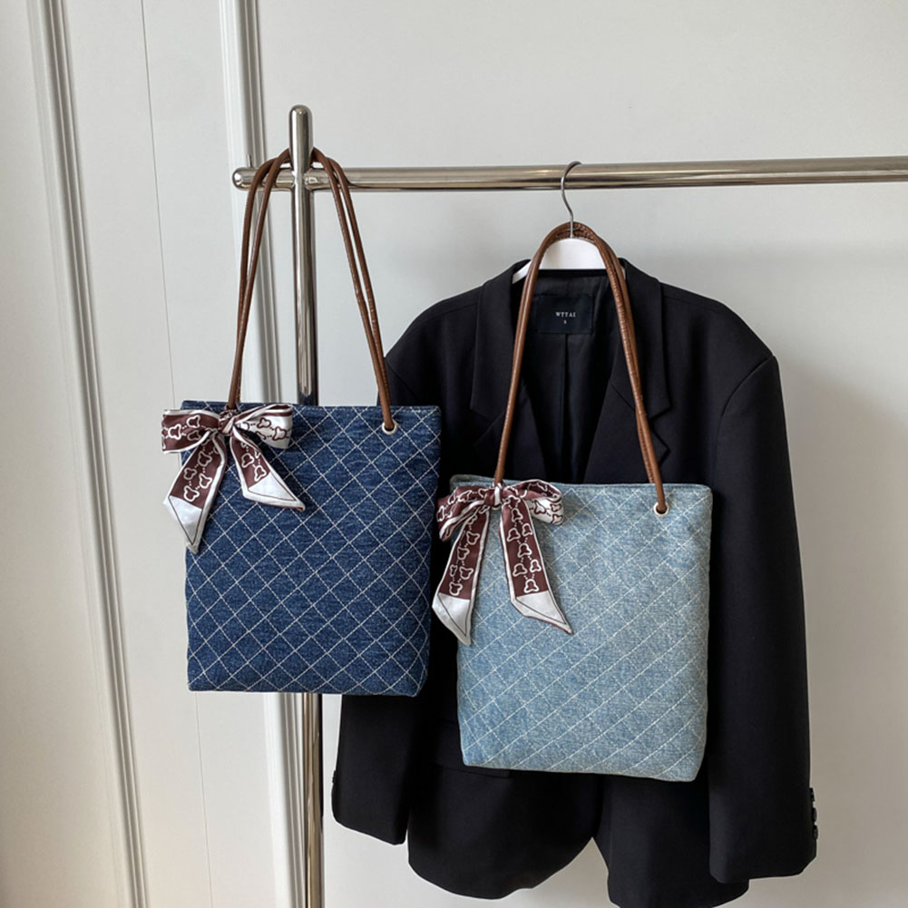 Women Denim Tote Bag Shopping Work Bag Hasp Closure Underarm Bags Large Capacity Chic Hobo Bag with Ribbon for Party Vacation