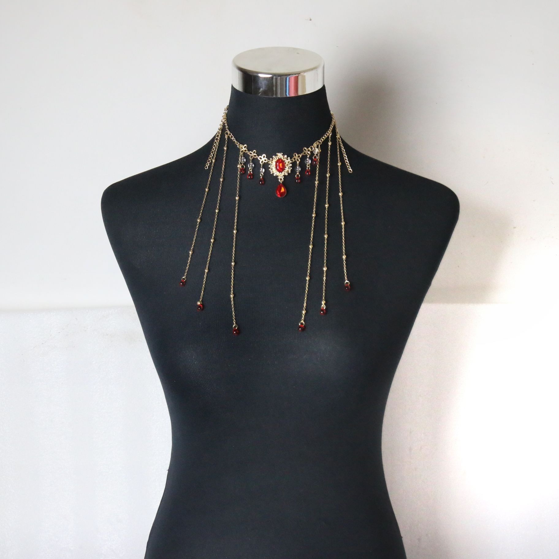 Exotic Style Ancient Style Hanfu Ruby Necklace Dance Retro Flower Red Water Droplet Pendant Sexy Tassel Necklace
