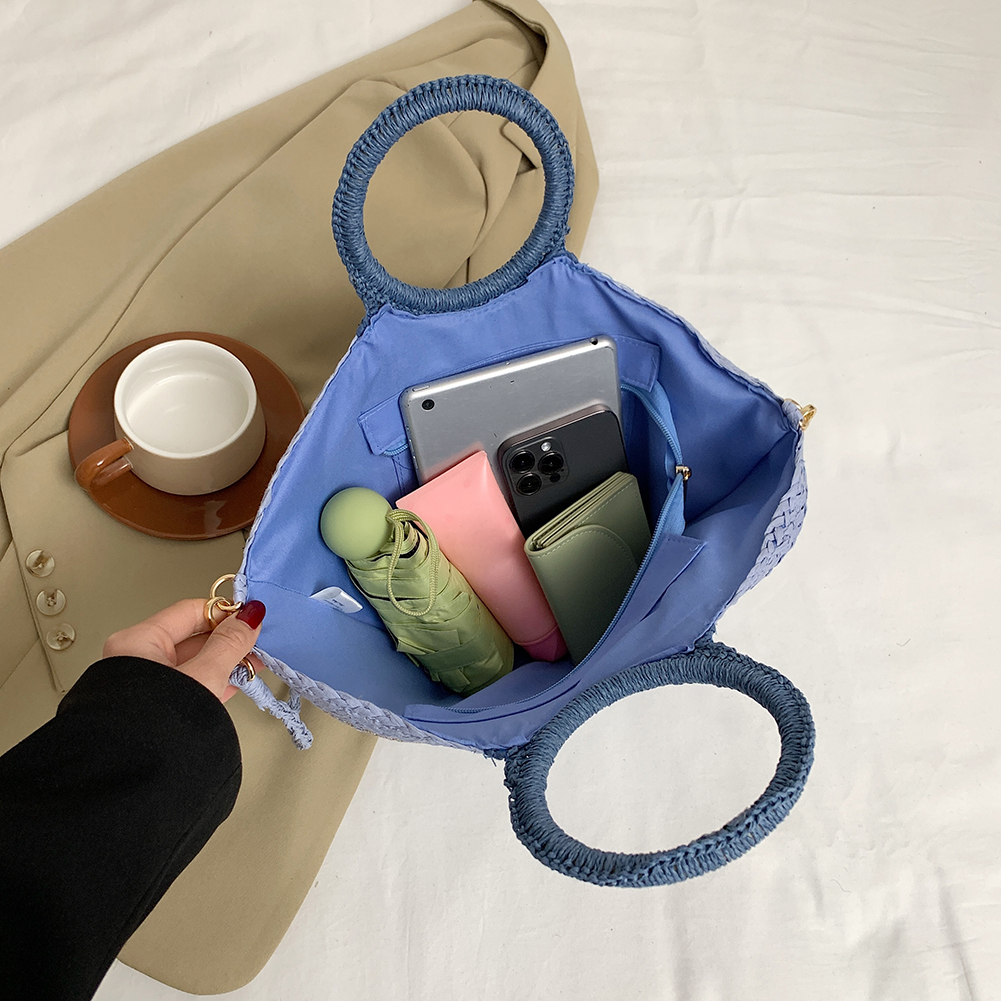 Women Straw Shoulder Bag Color Contrast Striped Straw Handbag Large Capacity Simple Satchel Bag Ladies Summer Daily Bag