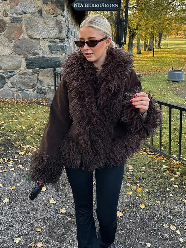 Vintage Coffee Faux Fur Spliced Coats Women Fashion Lapel Long Sleeve Thick Warm Jacket Autumn Winter Female Warm Streetwear 241107
