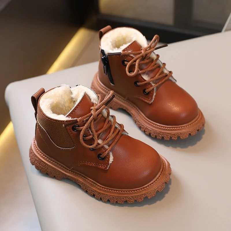 Boys Girls Plus Velvet Warmth Boots British Sle Non-Slip Zipper Design Shoes Children Leather BootsXJ241206