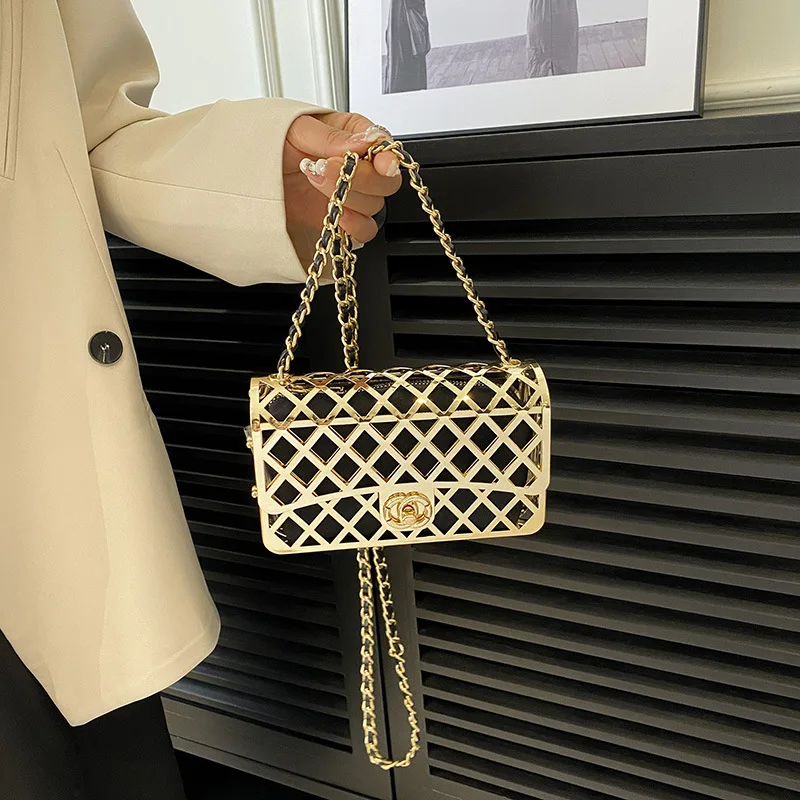 Ins Fashion Hollow Metal Shoulder Bags for Women Luxury Designer Square Crossbody Bag Female Cloud Bags Ladies Chain Handbags