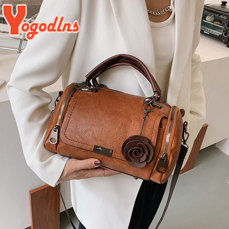 Yogodlns Fashion Flowers Pendant Handbag Women's Boston Bags Large Capacity Shoulder Bag Ladies Crossbody Bag PU Messenger Bag