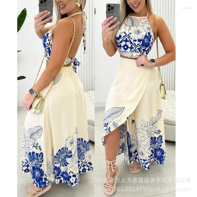 Women's Two Piece Pants Tropical Print Halter Top & Slit Skirt Set Dress Sets Women Long Crop Maxi Work Summer Matching