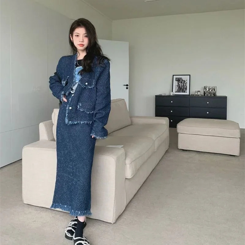 Insozkdg Korean Spring Autumn Suit Femininity Edge Denim Jacket Skirt Casual Fashion Two-piece Set Women High Street 241107