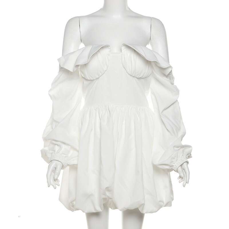 Talenza Sexy One Shoulder Mini Women's Fashion Solid Puff Sleeve Slim Short High Waist Pleated Strapless Party Dress