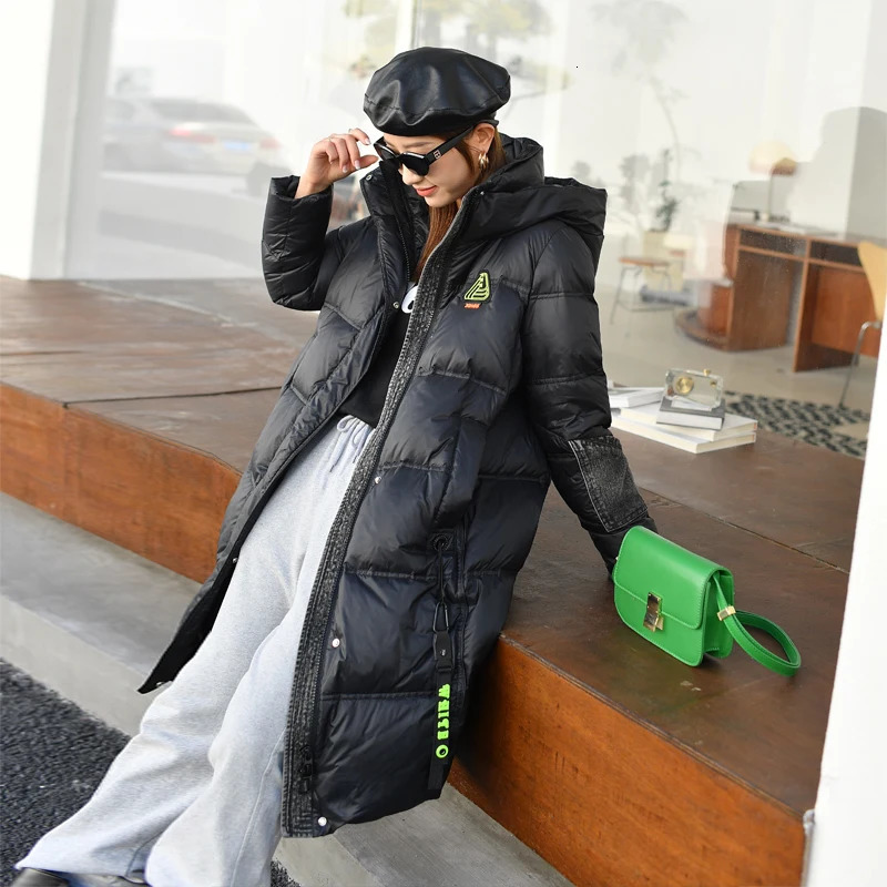 Womens winter hooded jacket brown chiffon womens long apron jacket feather coat 241107