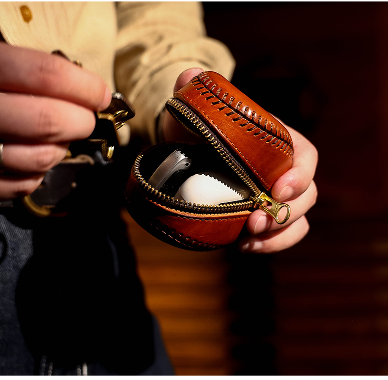 Handmade Vintage Vegetable Tanned Cowhide Leather Baseball Coin Purses Luxury Genuine Leather Zipper Key Holder Earphone Bag