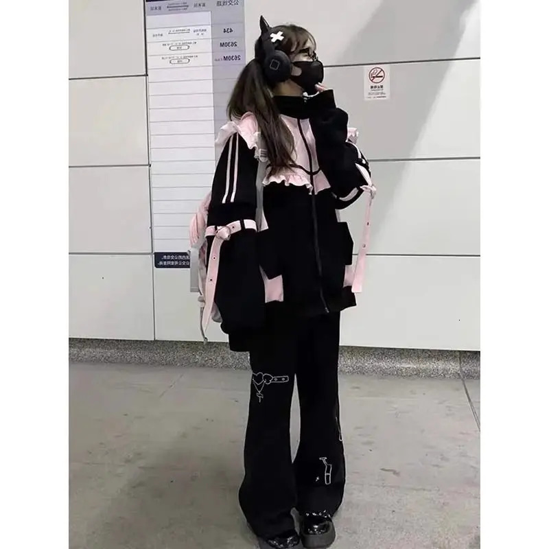 Japanese Sweet Subculture Y2K Clothing Hoodie Women Tops Autumn and Winter Color Match Splicing with Thick Velvet Cardigan Coat 241108