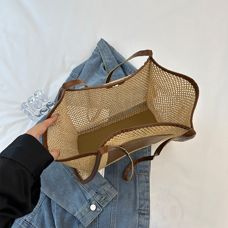 Women Straw Woven Tote Bag Simple Shoulder Purse Large Capacity Mesh Weaving Handbag Hollow Out Handbags Outdoor Travel Bag