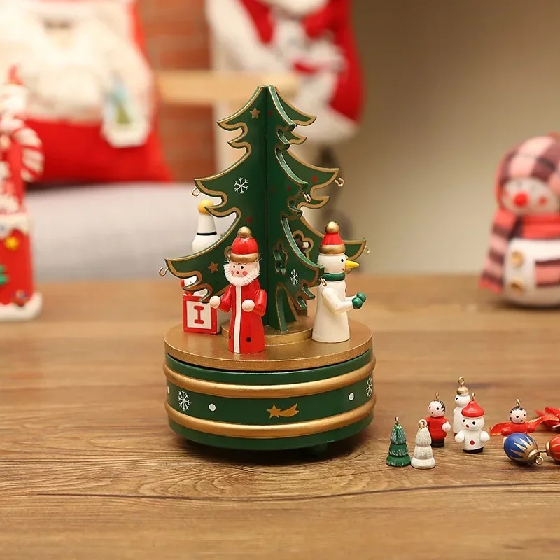 Christmas Wooden Music Box, Rotating Carousel Musicbox for Kids Gifts Xmas Tree Decoration