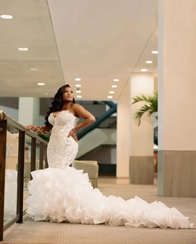 Custom Organza Beaded Ruffled African Wedding Dress - Mermaid Style with Beading & Sweetheart Neckline Free shipping Free shipping