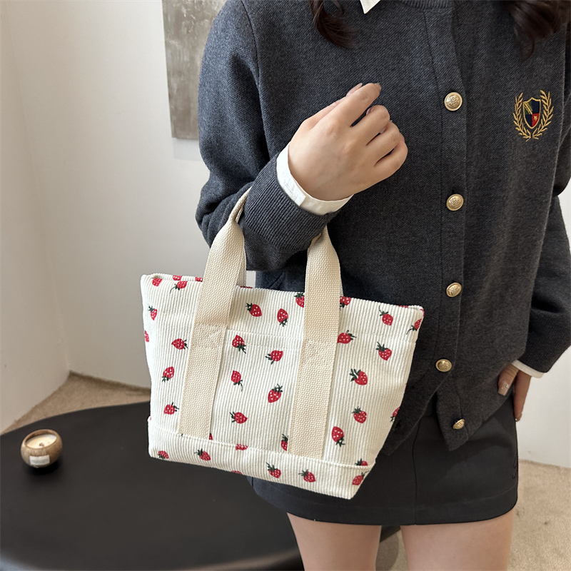 Women Corduroy Tote Bag Strawberry Top Handle Bag with Front Pocket Handbag Trendy Satchel Bag Shopping Work Bag