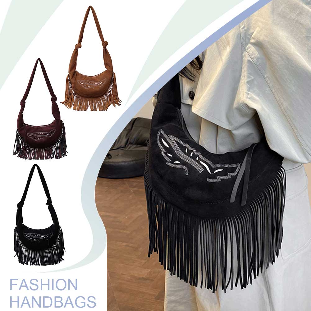 Women Suede Shoulder Bag Tassels Crossbody Bag Large Capacity Crescent Bag Trendy Hobo Bag for Commuting Travel