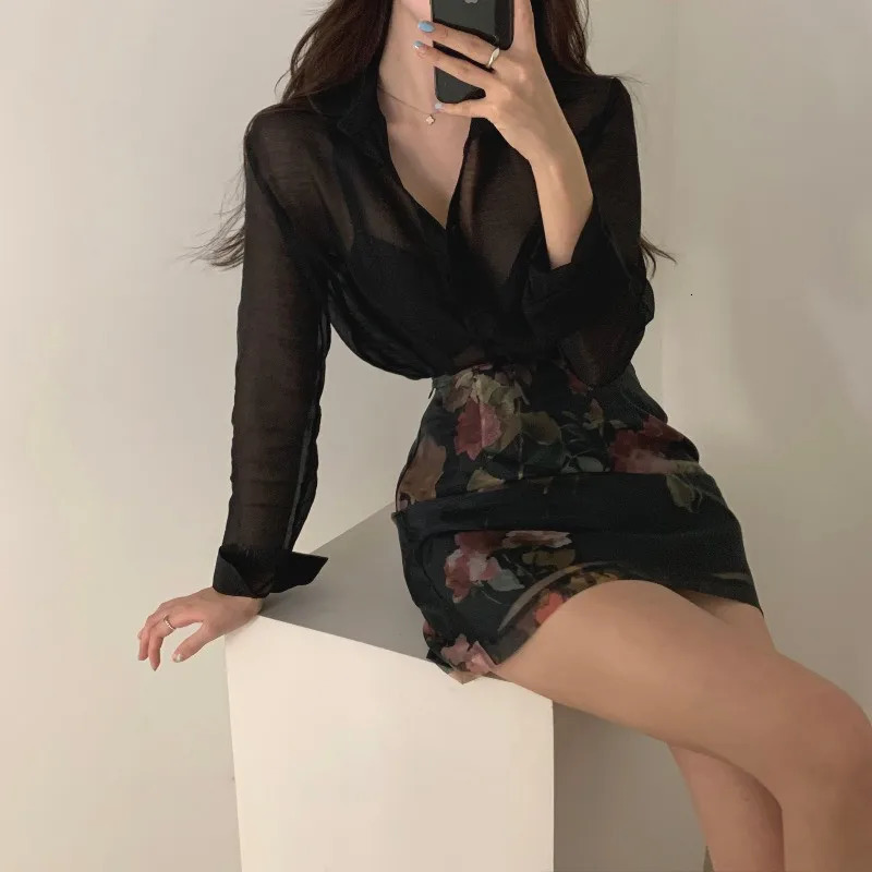 Korea Chic Elegant Women 2 Piece Sets Sexy Seethrough Longsleeved ShirtHigh Waist Aline Floral Print Skirt 2pc OL Suits 240403