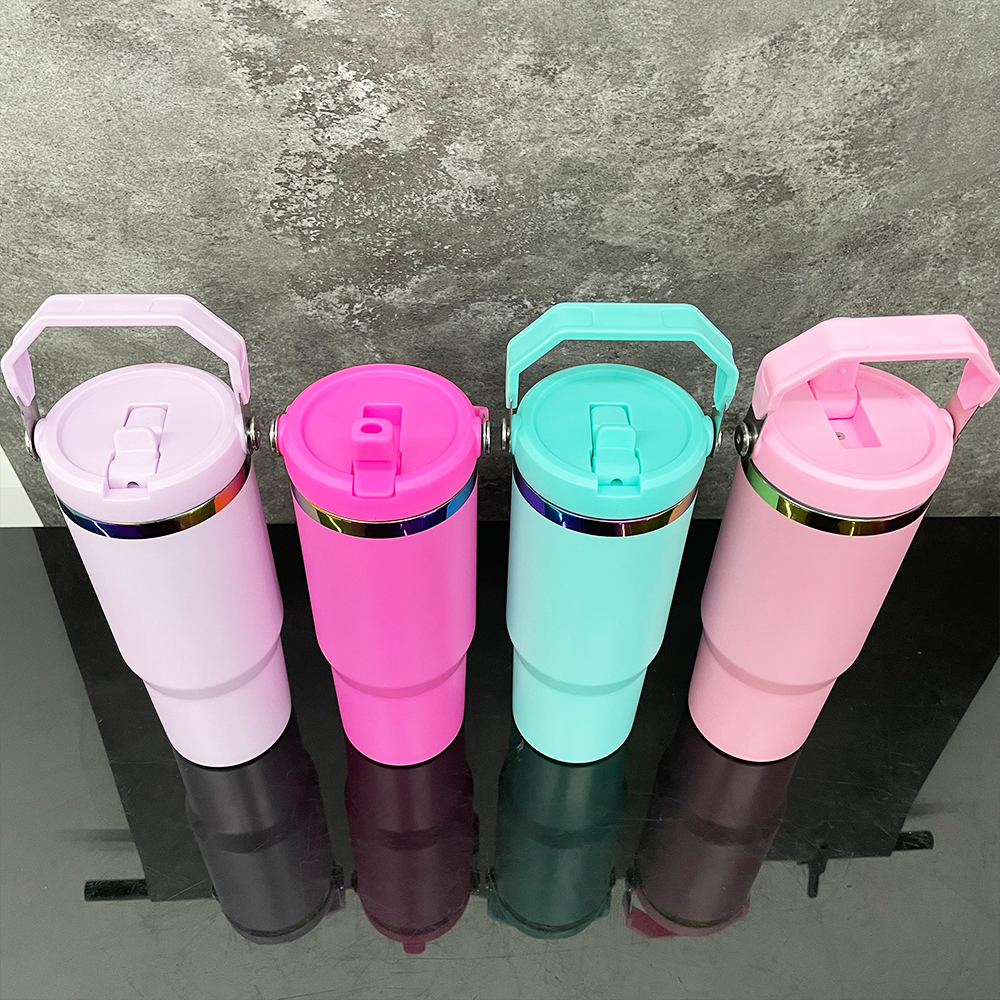 Flip straw 30oz matte macaron rainbow plated tumbler Leak proof stainless steel vacuum insulated travel mugs coffee cups for Laser engraving
