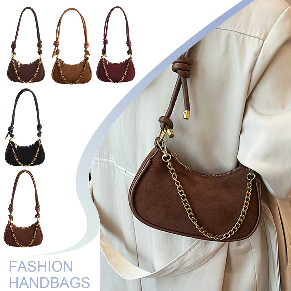 Women Suede Shoulder Bag Adjustable Strap Underarm Purse with Chain Zipper Closure Clutch Purse for Work Travel