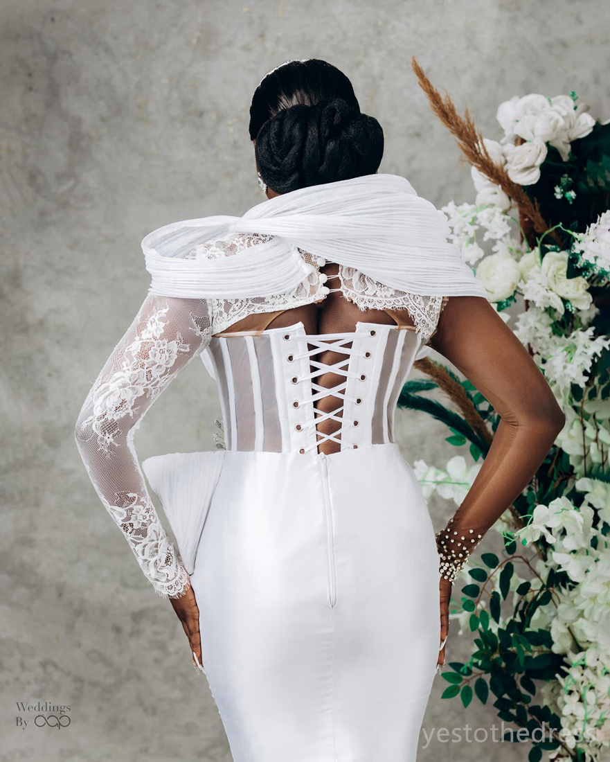 Aso Ebi Mermaid Dress Bride Short Illusion Bridal Beaded Lace Long Sleeves Wedding Gowns For African Nigeria Black Women Girls D190 407