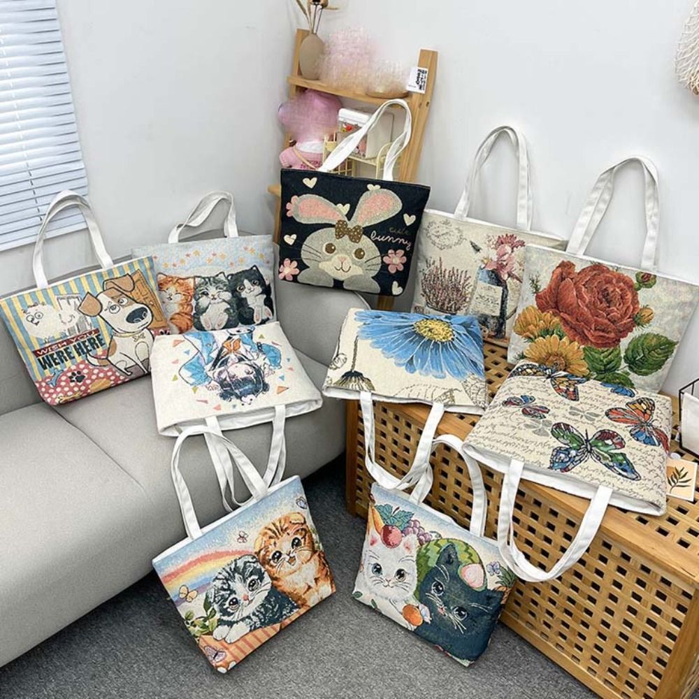 Butterfly Embroidery Ethnic Style Handbag Rabbit Flower Canvas Cat Tote Bag Storage Bag Dog Cartoon Animal Shoulder Bag Daily