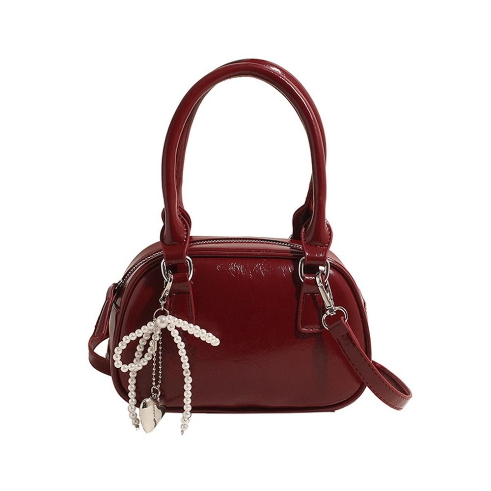 Fashion PU Leather PU Bowling Bag With Pendant Shoulder Bag Silver Handbag Large Capacity Solid Color Boston Bag Shopping