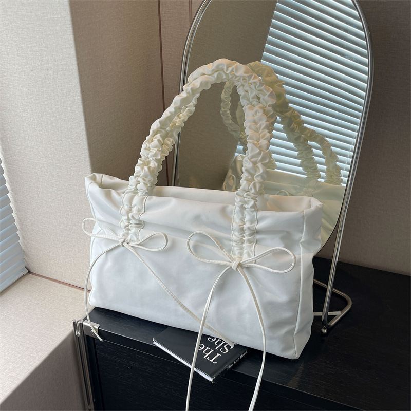 Niche Design Pleated Bow Shoulder Bag Women 2024 New Trendy Versatile Solid Tote Bags Girl Large Capacity Canvas Handbag