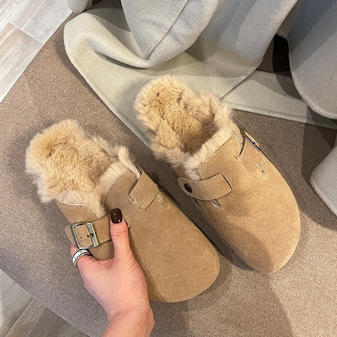 Winter Warm Women Suede Clogs Genuine Leather Mules Cork Footbed Slippers Potato Shoes with Arch Support with Thick Plush