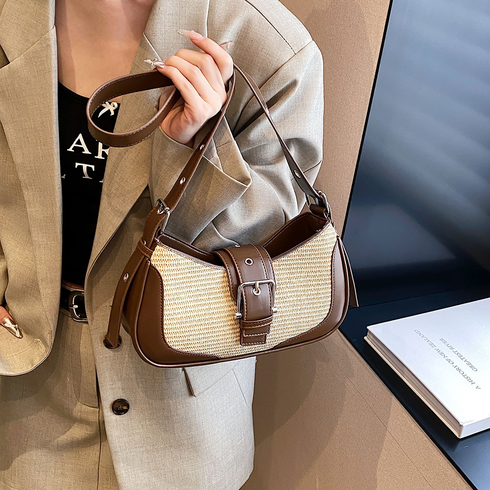Elegant Handbag Purses for Women Fashion PU Leather Straw Shoulder Luxury Design Raffia Y2K Bag for Girls Top Handle Clutch Bag