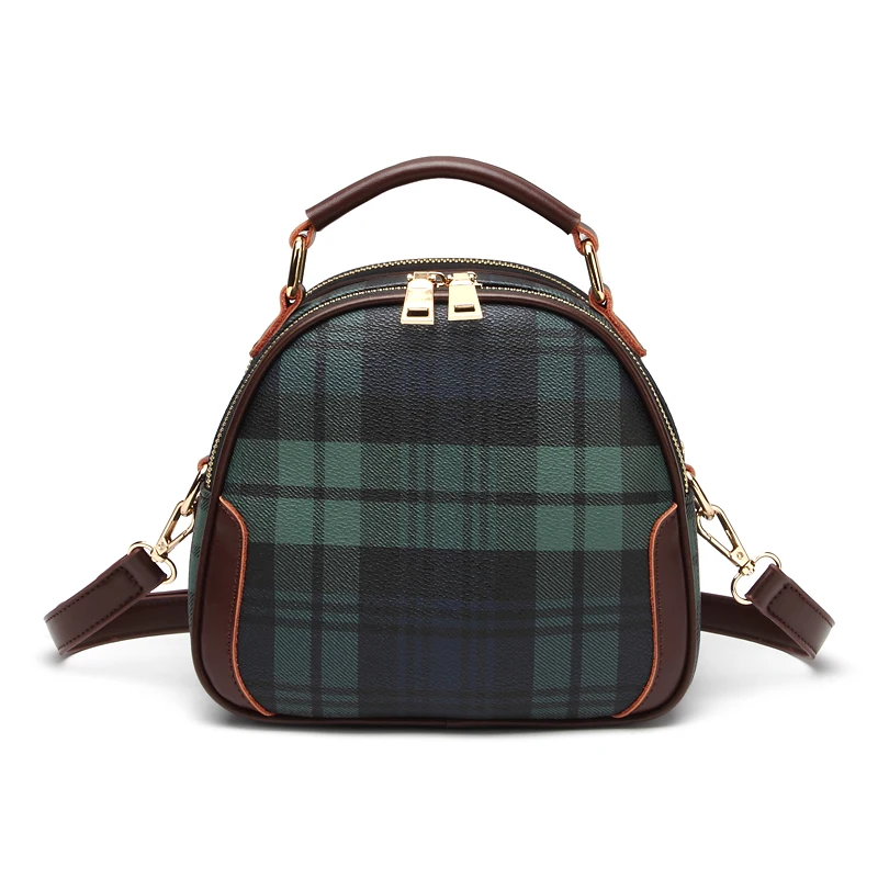 Leather bag women's new versatile fashion handbag plaid small round Korean shoulder messenger bag