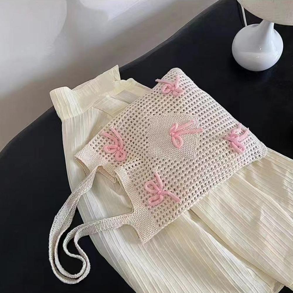 Bowknot Crochet Tote Bag Summer Beach Mesh Knitted Bag Large Aesthetic Shoulder Bag Knit Handbags Hollow Hobo Bag for Women