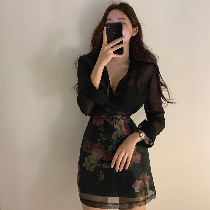 Korea Chic Elegant Women 2 Piece Sets Sexy Seethrough Longsleeved ShirtHigh Waist Aline Floral Print Skirt 2pc OL Suits 240403