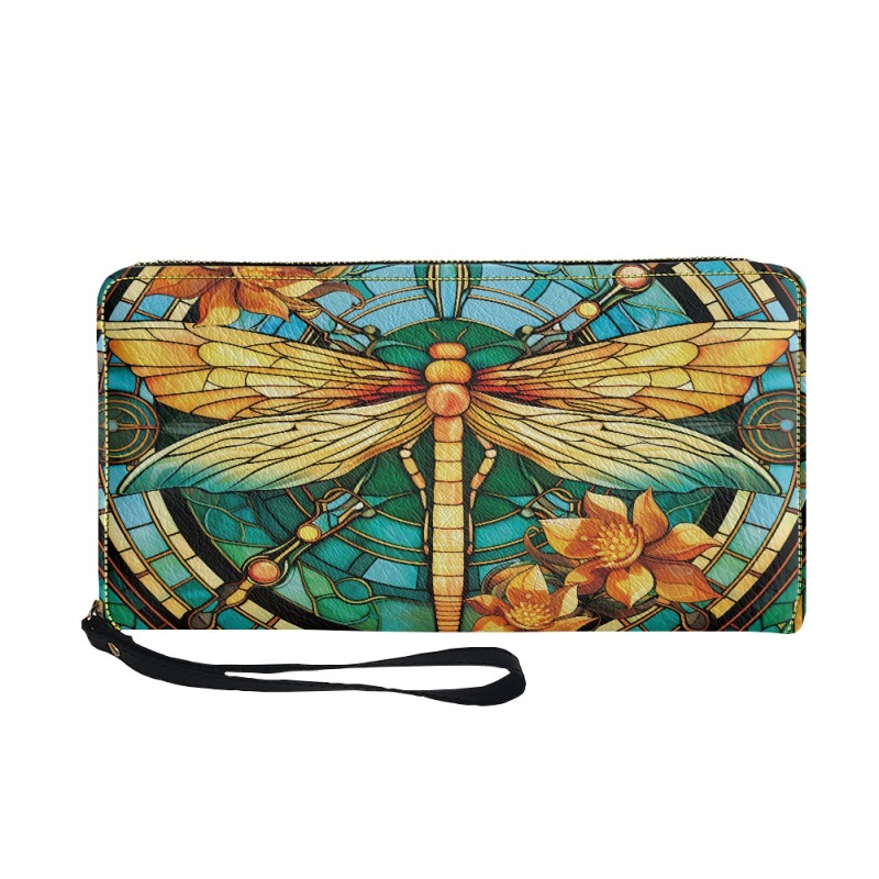 Women's Zippered Clutch Long Multifunctional Storage Wallet Handbag Dragonfly Print Card Holder