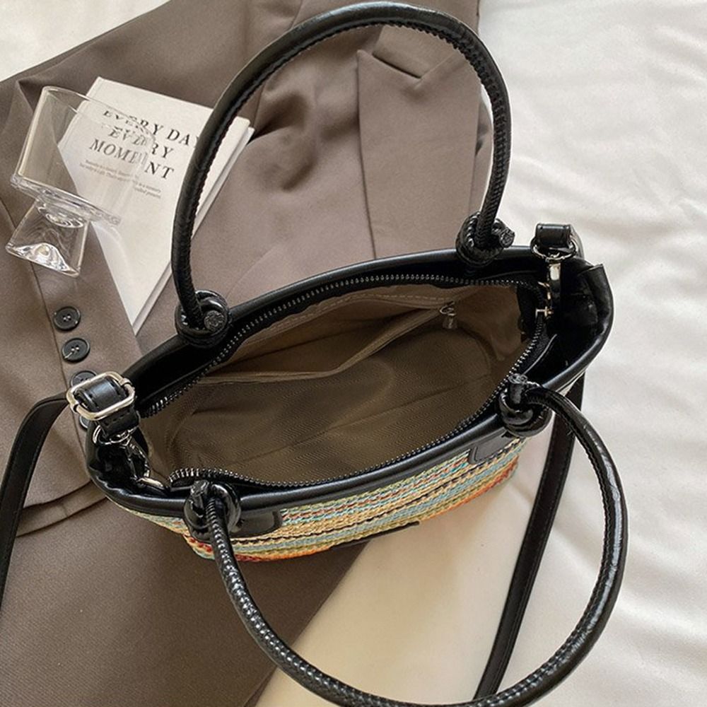 Cute Shoulder Bag Weave Straw Bag Hollow Out Crossbody Bag Beach Bag Bucket Bag Bohemian Style Rainbow Color Handbag Girls