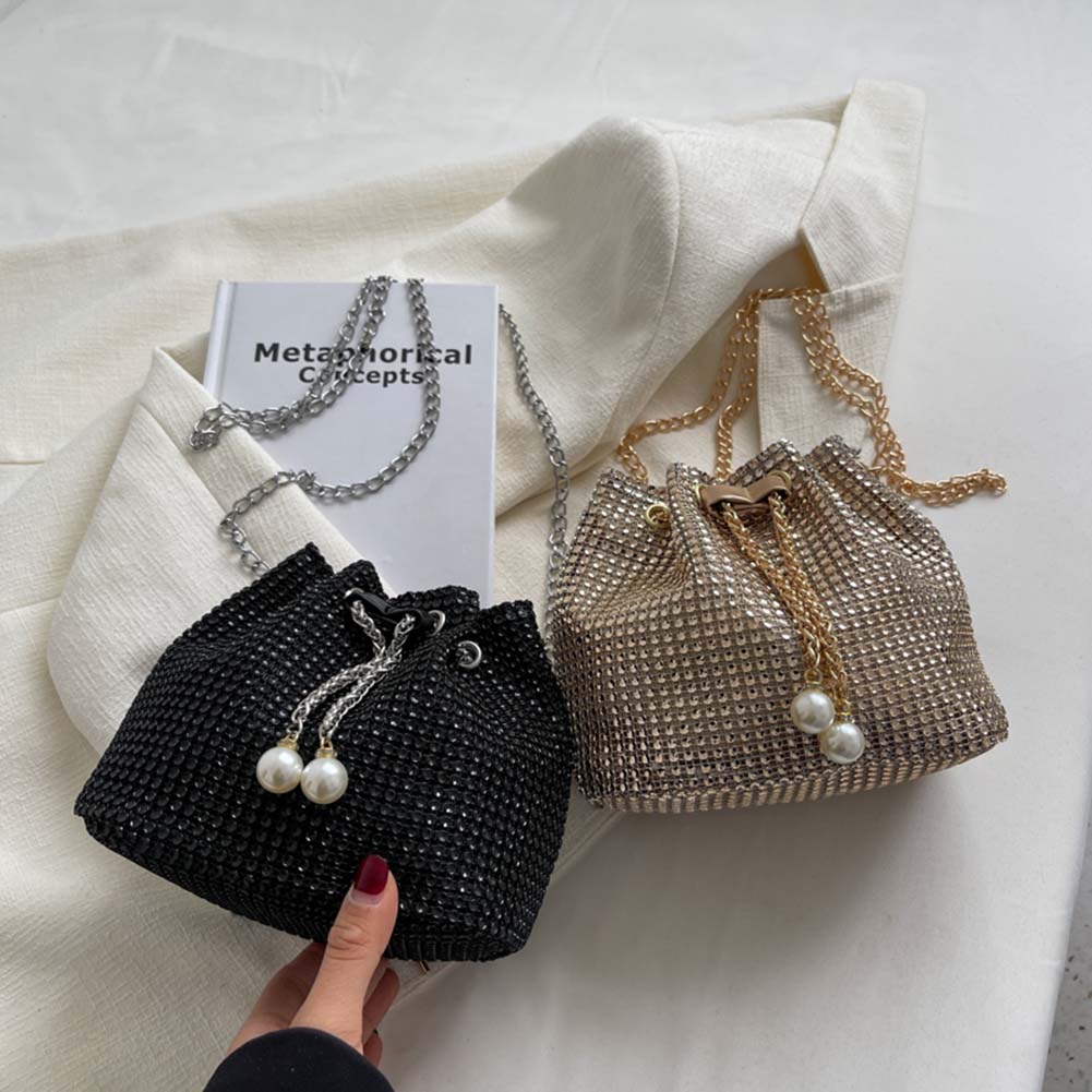 Women Chain Crossbody Bag Solid Color Rhinestone Luxury Shoulder Bag Drawstring Fashion Bucket Bag Female Dating Bag