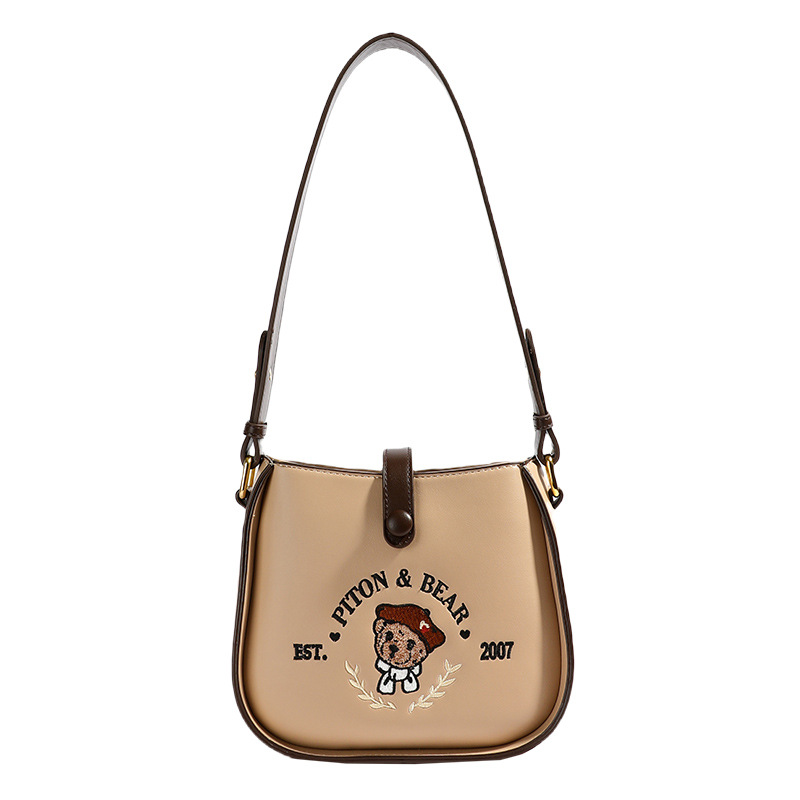 Beibaobao 2024 New Fashionable Trendy Single Shoulder Crossbody Bucket Casual Cartoon Bear Retro Texture Women's Bag